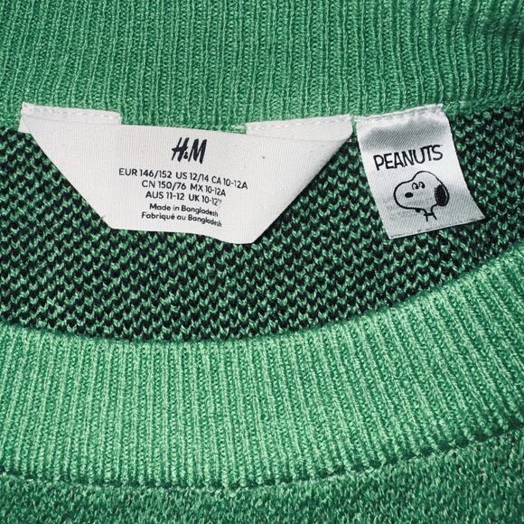 H&M Peanuts Ski Snoopy Women 12 Boxy Crop Jacquard Knit Sweater Green Schultz - Picture 6 of 8